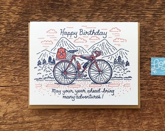 Birthday Bicycle Card, Happy Birthday Card, Birthday Adventure, Letterpress Birthday Card, Letterpress Folded Card, Blank Inside