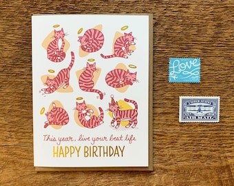 9 Lives Birthday Card, Kitty Cat Birthday, Foil Printed Card, Blank Inside