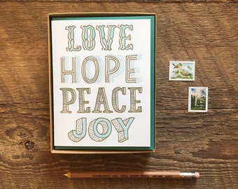 Love Hope Peace Joy, Holiday Type Card, Letterpress Folded Note Cards, Boxed Set of 6