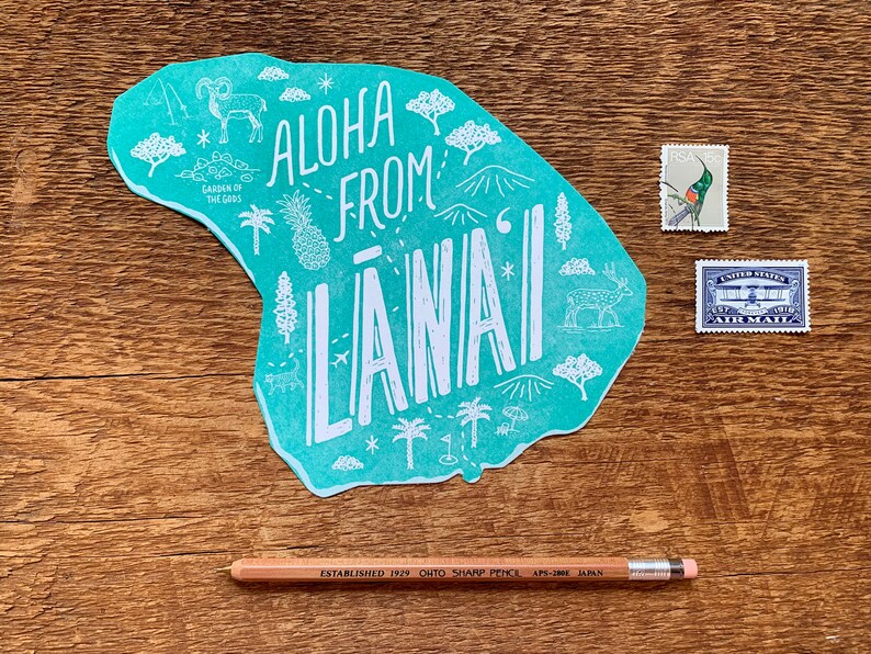 Carte postale de l’île Lanai, Aloha de Lanai Hawaii, Carte postale Die Cut Letterpress image 1