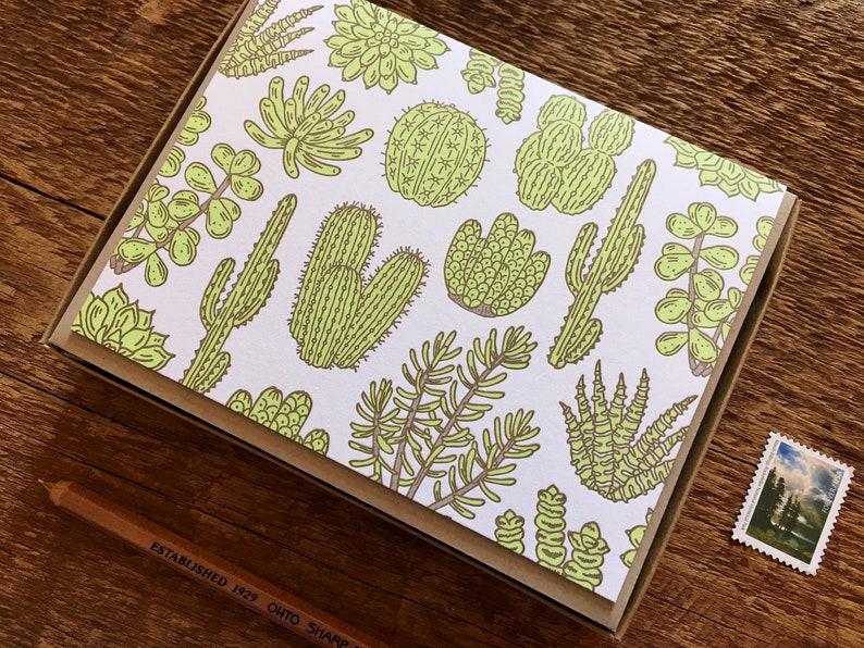 Cactus & Succulent Pattern, Plant Pattern, Letterpress Note Cards, Boxed Set of 6 Cards, Blank Inside image 2