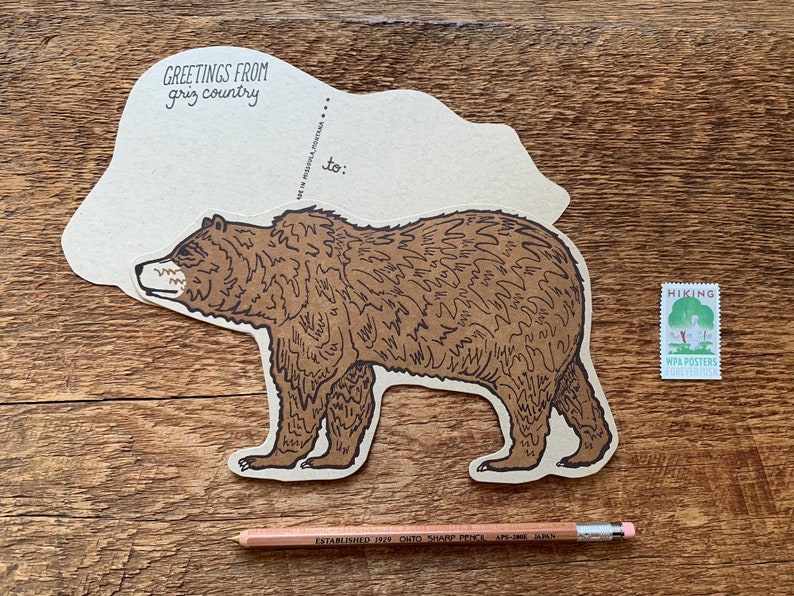 Grizzly Bear Postcard, Bear Postcard, Die Cut Letterpress Postcard image 2