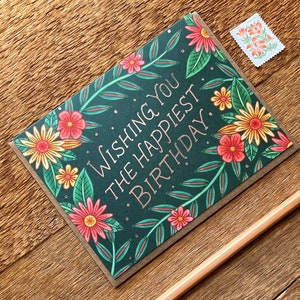 Carte le plus heureux d'anniversaire, carte d'anniversaire florale, carte pliée simple, vierge à l'intérieur image 3