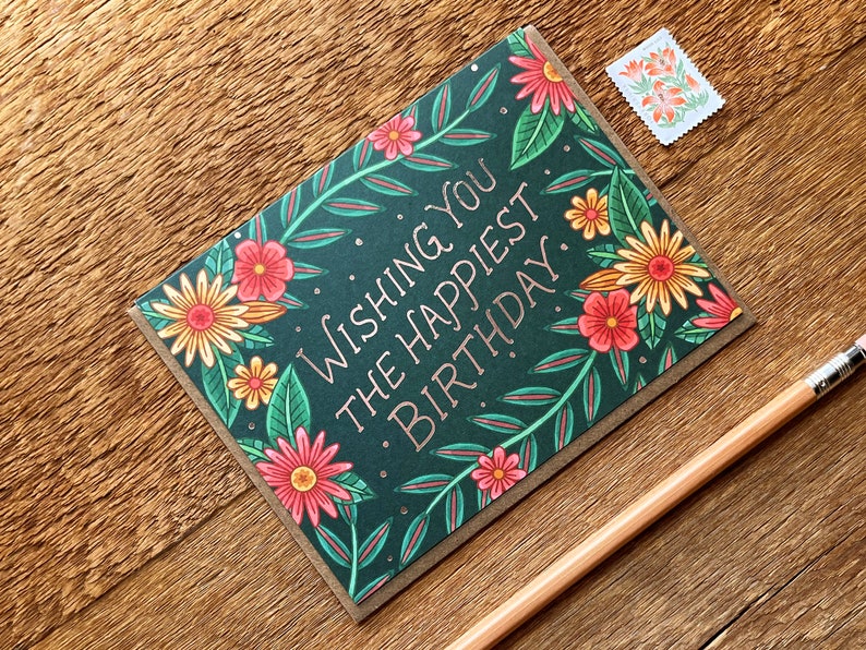Carte le plus heureux d'anniversaire, carte d'anniversaire florale, carte pliée simple, vierge à l'intérieur image 3