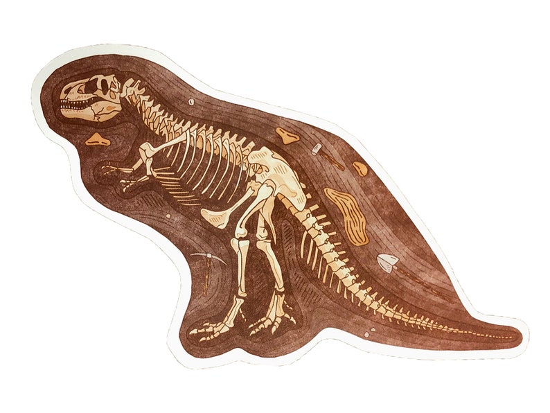 Peut inclure: Une illustration brune et beige d'un squelette de dinosaure, partiellement d&eacute;terr&eacute;, avec une pioche et d'autres outils &agrave; proximit&eacute;.
