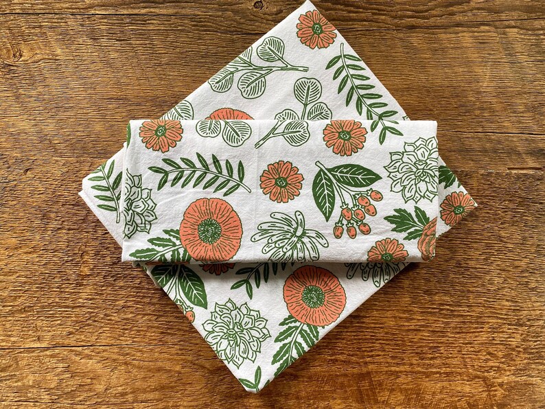 Pink and Green Floral Tea Towel, Floral Pattern, Kitchen Towel, Flour Sack Towel, Hostess Gift image 1