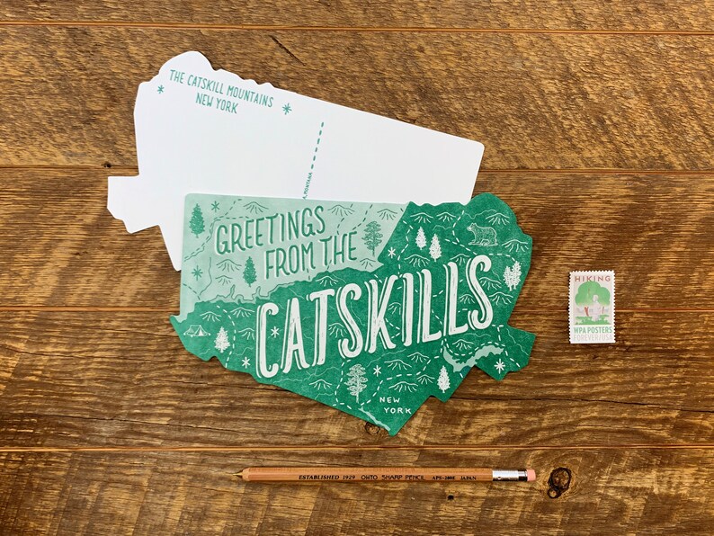 Cartolina Catskills, Saluti dalle Catskills, Cartolina Die Cut Letterpress Stato immagine 2
