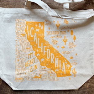 California Tote Bag, My Heart is in California, Canvas Tote Bag, Screen Printed Tote Bag