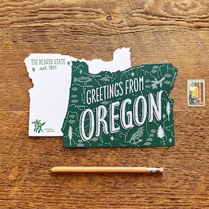 Carte postale de l'État de l'Oregon, carte postale de l'Oregon, l'État du castor, carte postale d'État typographique découpée avec des matrices