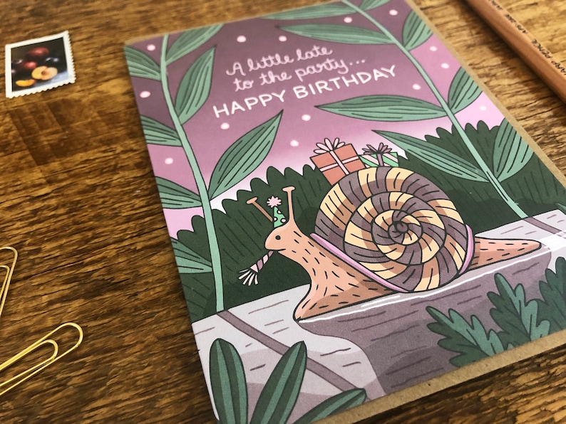 Funny Belated Birthday Card, Snail Mail Greeting Card, Blank Inside image 2