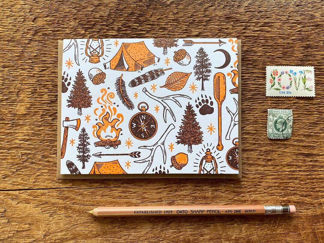 Explore Card, Camping Outdoors Card, Letterpress Greeting Card, Blank
