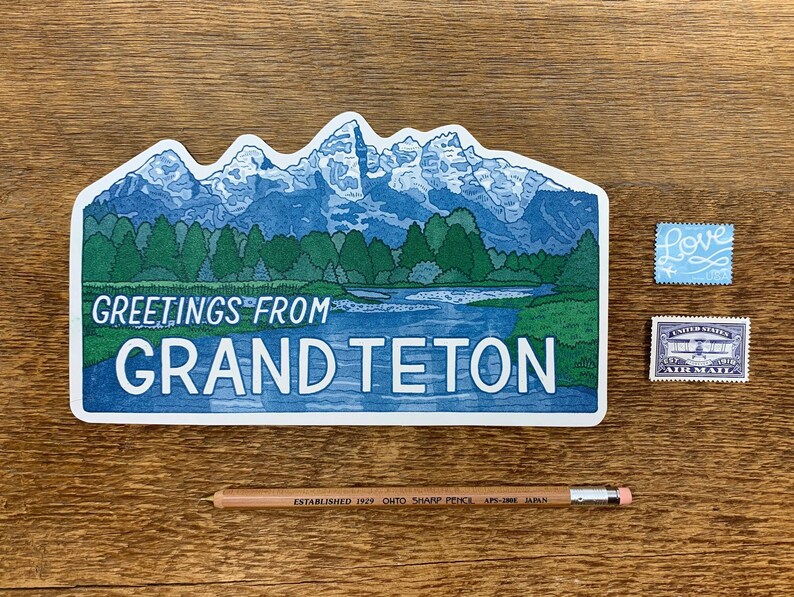 Cartolina Grand Teton, Saluti da Grand Teton, Wyoming, Cartolina tipografica singola fustellata immagine 1