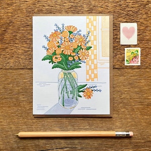 Bocal à billes, carte florale, carte bouquet de fleurs, carte de l'amitié, carte de voeux typo, carte à l'unité ou lot de 6