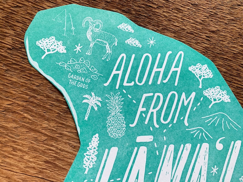 Carte postale de l’île Lanai, Aloha de Lanai Hawaii, Carte postale Die Cut Letterpress image 4