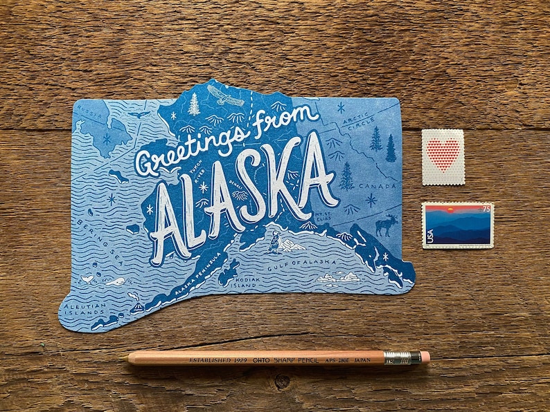 Carte postale de l'Alaska, Salutations d'Alaska, carte postale d'État typographique découpée image 1
