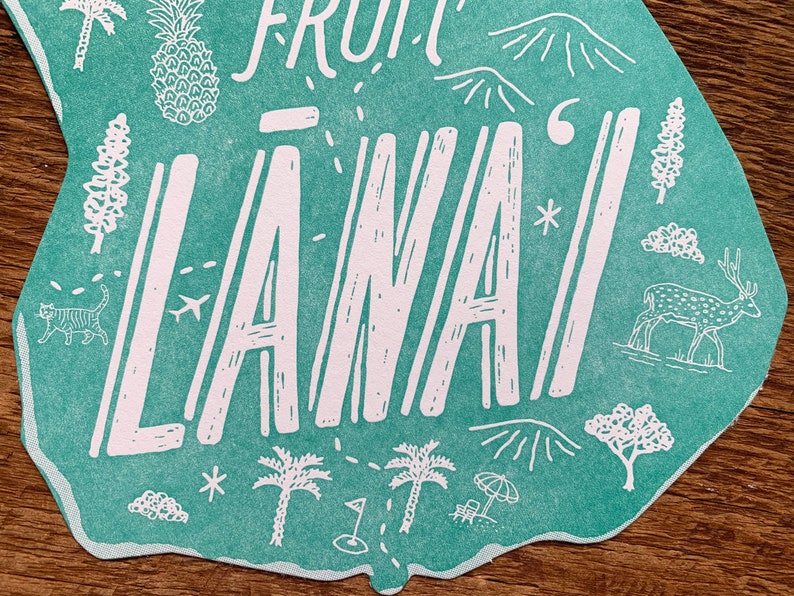 Carte postale de l’île Lanai, Aloha de Lanai Hawaii, Carte postale Die Cut Letterpress image 2