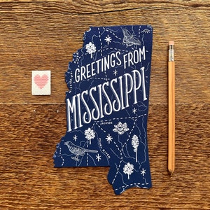 Carte postale du Mississippi, salutations du Mississippi, carte postale d'État typographique découpée