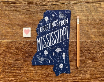 Mississippi ansichtkaart, groeten uit Mississippi, gestanst boekdruk staat briefkaart