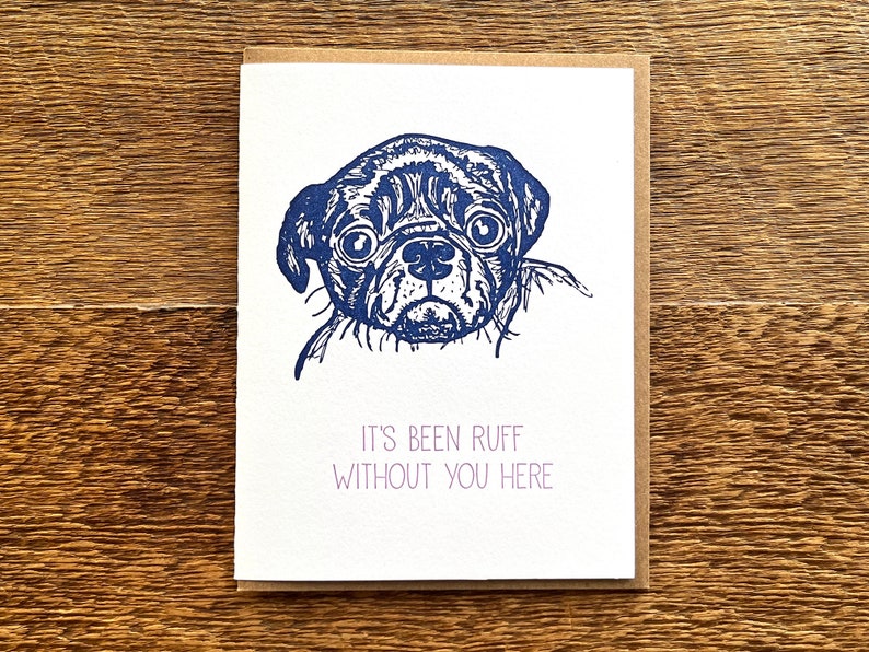 Without Ruff Letterpress Miss You Card, Pug Dog, Blank Inside - Etsy