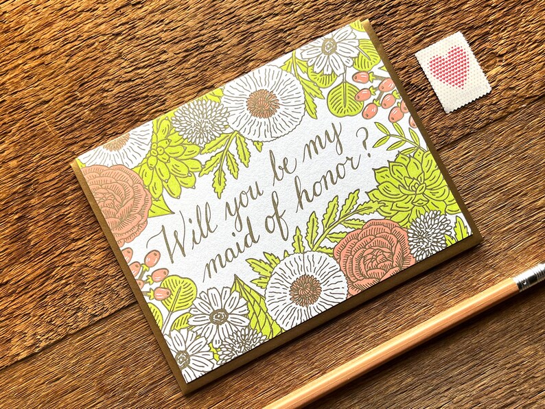 Floral Maid of Honor Card, Will You be my Maid of Honor, Letterpress Note Card, Blank Inside image 3
