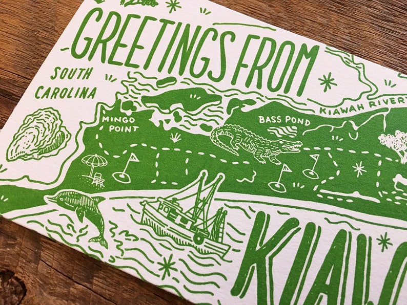 Carte postale de l'île Kiawah, Salutations de l'île Kiawah, carte postale typographique découpée image 4
