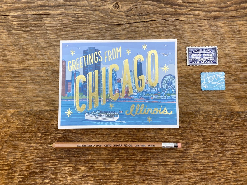 Cartolina di Chicago, saluti da Chicago Illinois, cartolina dell'Illinois, cartolina stampata in lamina e digitale immagine 3