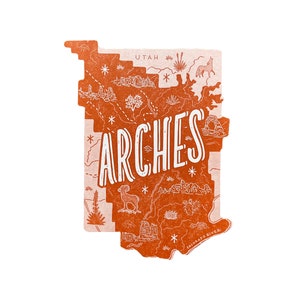 May include: A vintage-style illustration of Arches National Park in Utah. The map features a brown outline of the park with white details, including the Colorado River, various landmarks, and the text "ARCHES".