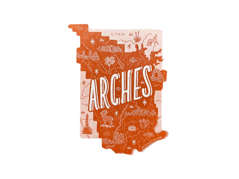 May include: A vintage-style illustration of Arches National Park in Utah. The map features a brown outline of the park with white details, including the Colorado River, various landmarks, and the text "ARCHES".
