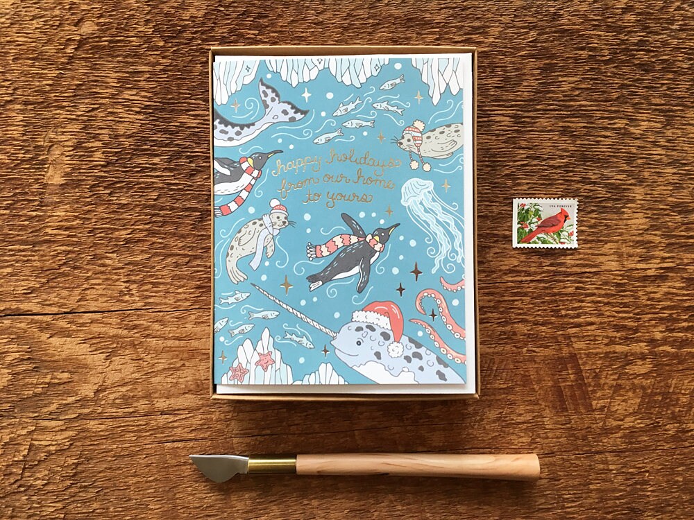 Ocean Holiday Cards, Sea Creatures Holiday Cards, Narwhal Cards, Boxed Set of 6 Foil Printed Note Cards, Blank Inside