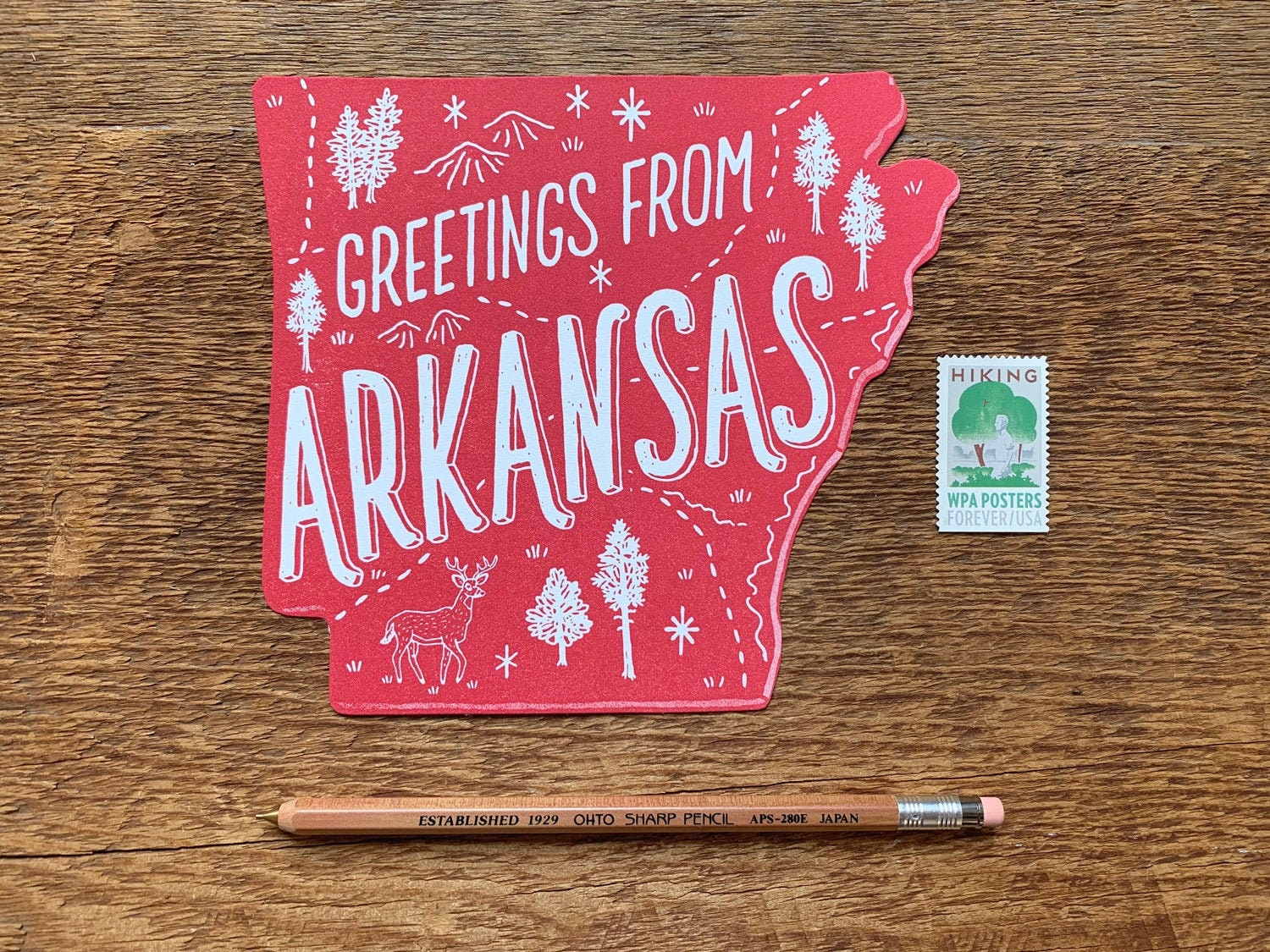 Arkansas Postcard, Greetings from Arkansas, Die Cut Letterpress State Postcard