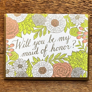 Floral Maid of Honor Card, Will You be my Maid of Honor, Letterpress Note Card, Blank Inside image 2