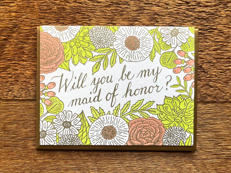 Floral Maid of Honor Card, Will You be my Maid of Honor, Letterpress Note Card, Blank Inside image 2