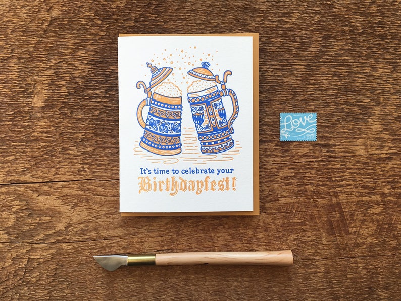 Birthdayfest, Oktoberfest Birthday, Beer Birthday Card, Beerthday Card, Letterpress Folded Card, Blank Inside image 1