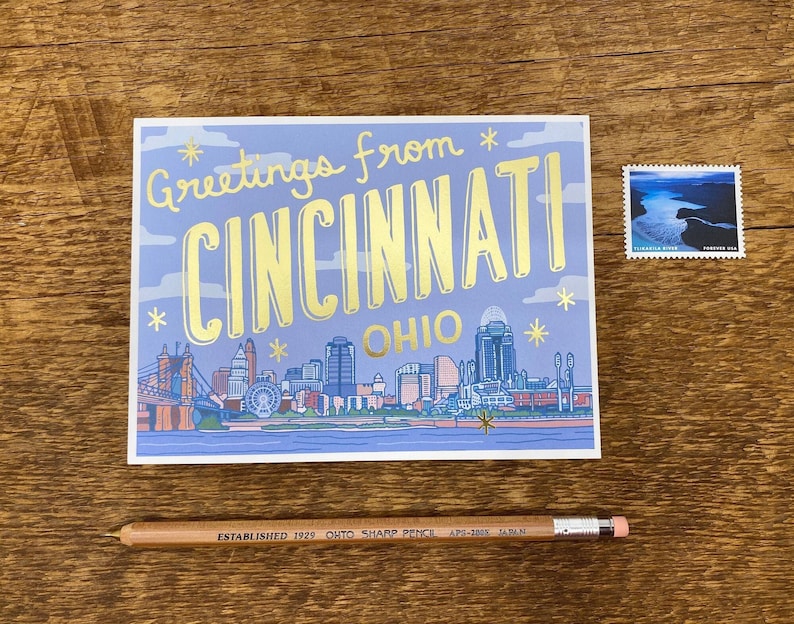 Carte postale de Cincinnati, Salutations de Cincinnati, carte postale imprimée numériquement et métallisée image 1