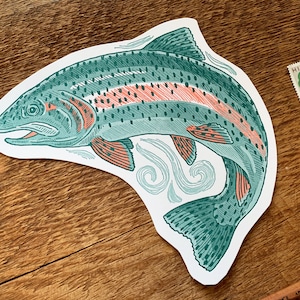 Cartolina di trota, cartolina trota arcobaleno, cartolina Letterpress taglio