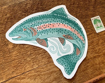 Trout Postcard, Rainbow Trout Postcard, Die Cut Letterpress Postcard