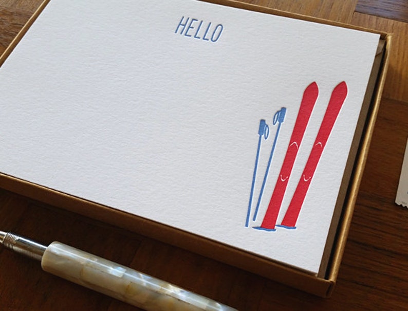 Boxed Stationery Hello Boxed Set of 8 Letterpress Flat Notes Ski Motif
