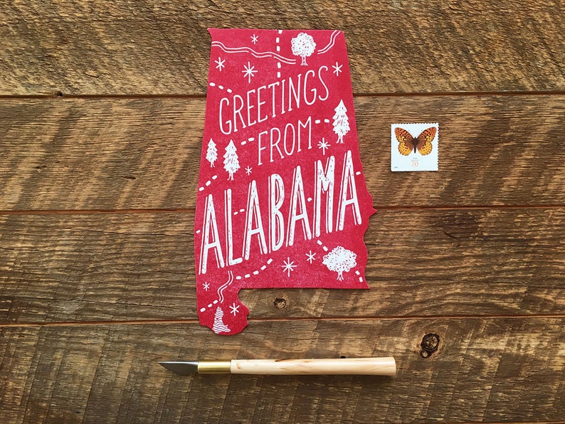 Cartolina di stato dell'Alabama, Saluti dall'Alabama, Cartolina di Iscrizione A die Cut immagine 2
