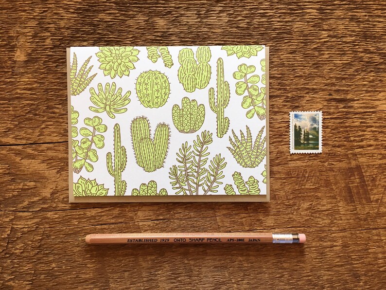 Cactus & Succulent Pattern, Plant Pattern, Letterpress Note Cards, Boxed Set of 6 Cards, Blank Inside image 1