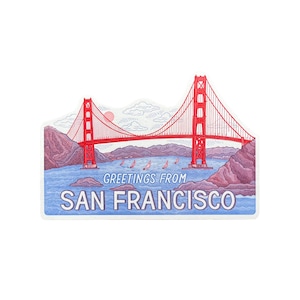 May include: A postcard featuring a red and white illustration of the Golden Gate Bridge in San Francisco, California. The postcard says "Greetings from San Francisco".