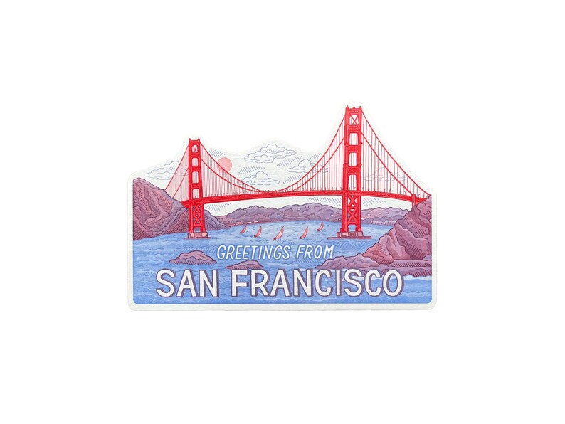 May include: A postcard featuring a red and white illustration of the Golden Gate Bridge in San Francisco, California. The postcard says "Greetings from San Francisco".