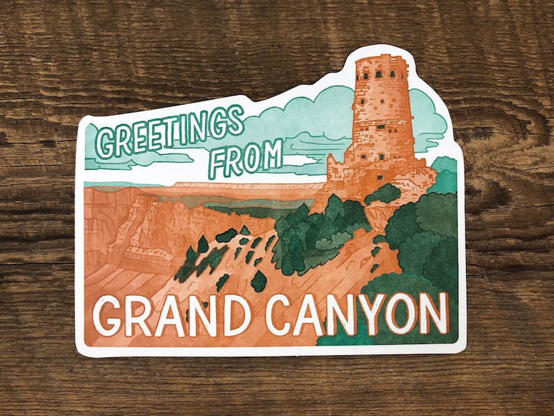 Carte postale Desert View Watchtower, Salutations du Grand Canyon, Arizona, Carte postale typographique découpée à matrice unique image 2