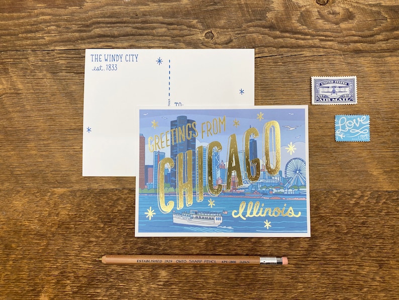 Cartolina di Chicago, saluti da Chicago Illinois, cartolina dell'Illinois, cartolina stampata in lamina e digitale immagine 2