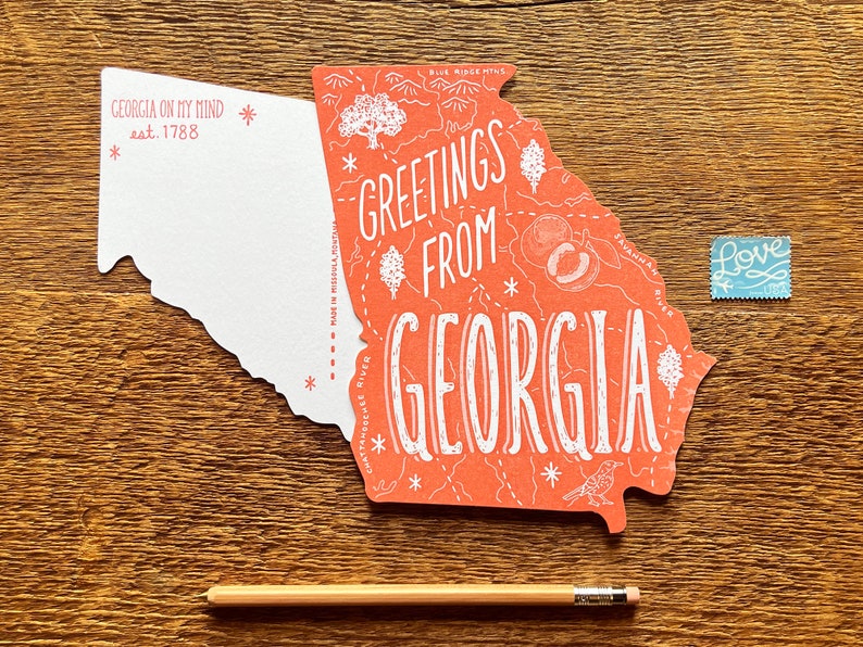 Carte postale de Géorgie, salutations de Géorgie, carte postale d'état de typographie découpée image 3