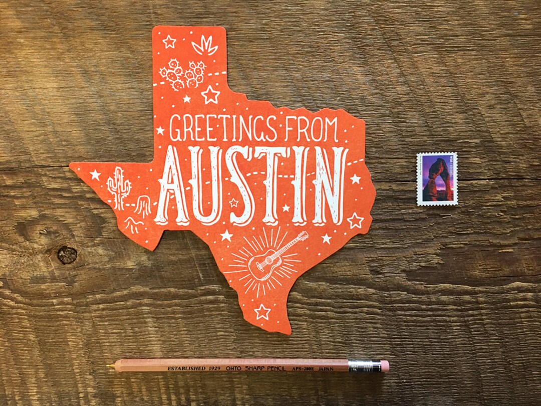 Austin Texas Postcard, Greetings From Austin, Die Cut Letterpress State