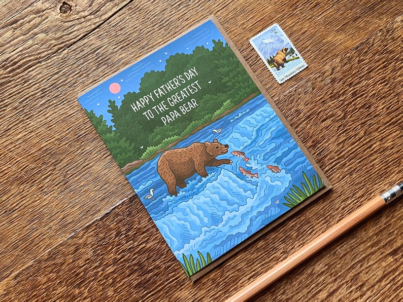 Greatest Papa Bear Father's Day, Grizzly Bear Father's Day, Single Foil & Offset Printed Greeting Card and Envelope image 2