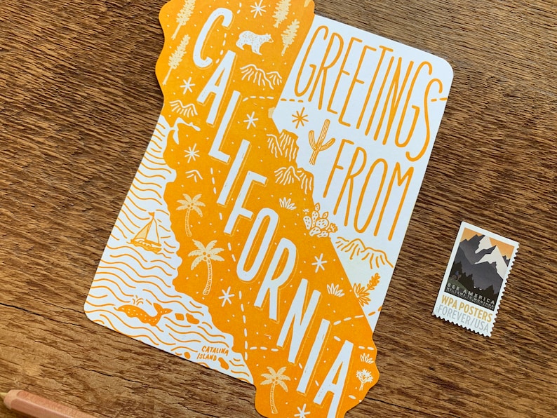 California Postcard, Greetings from California, Die Cut Letterpress State Postcard image 6