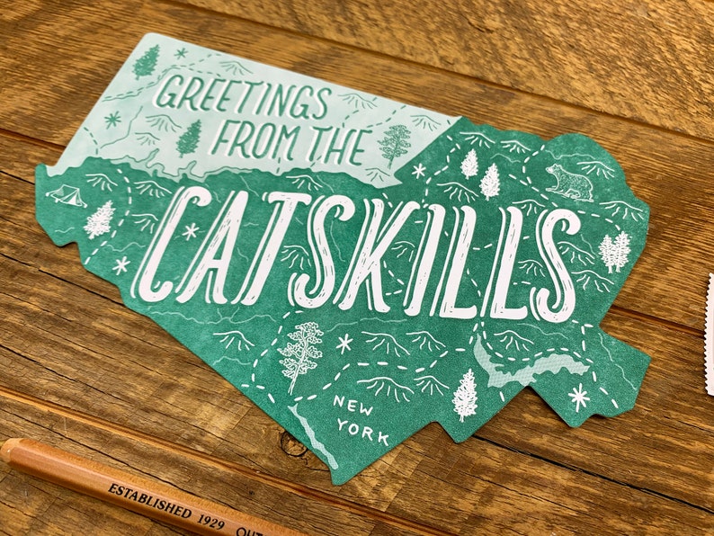 Cartolina Catskills, Saluti dalle Catskills, Cartolina Die Cut Letterpress Stato immagine 3