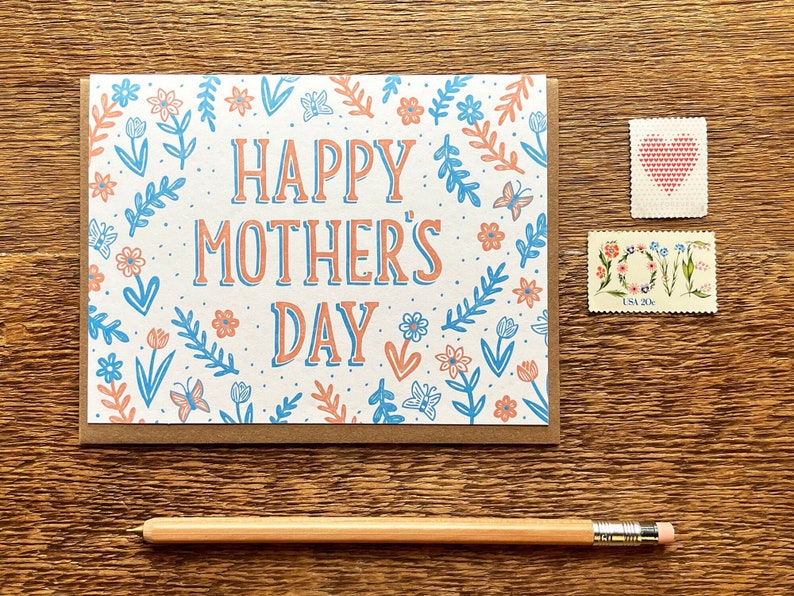 Happy Mother's Day, Flower Pattern, Floral Mother's Day Card, Folded Letterpress Card, Blank Inside image 1