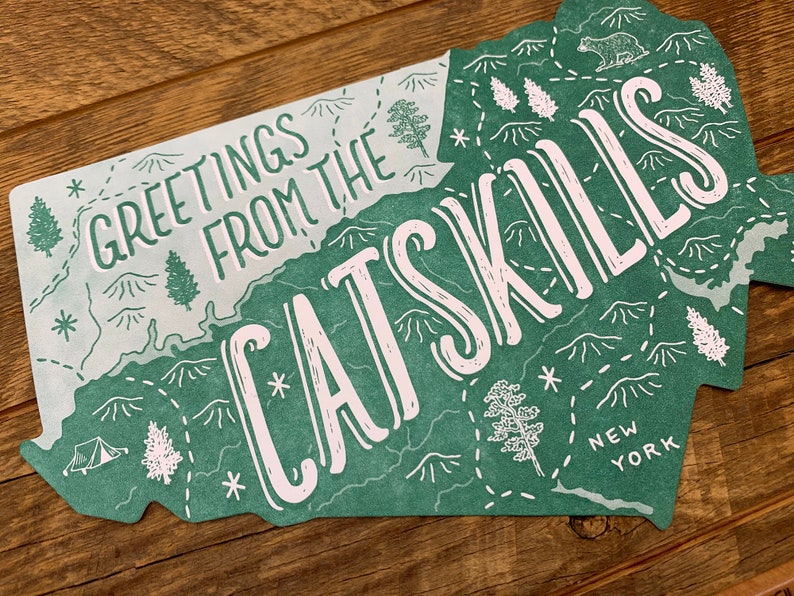Cartolina Catskills, Saluti dalle Catskills, Cartolina Die Cut Letterpress Stato immagine 5